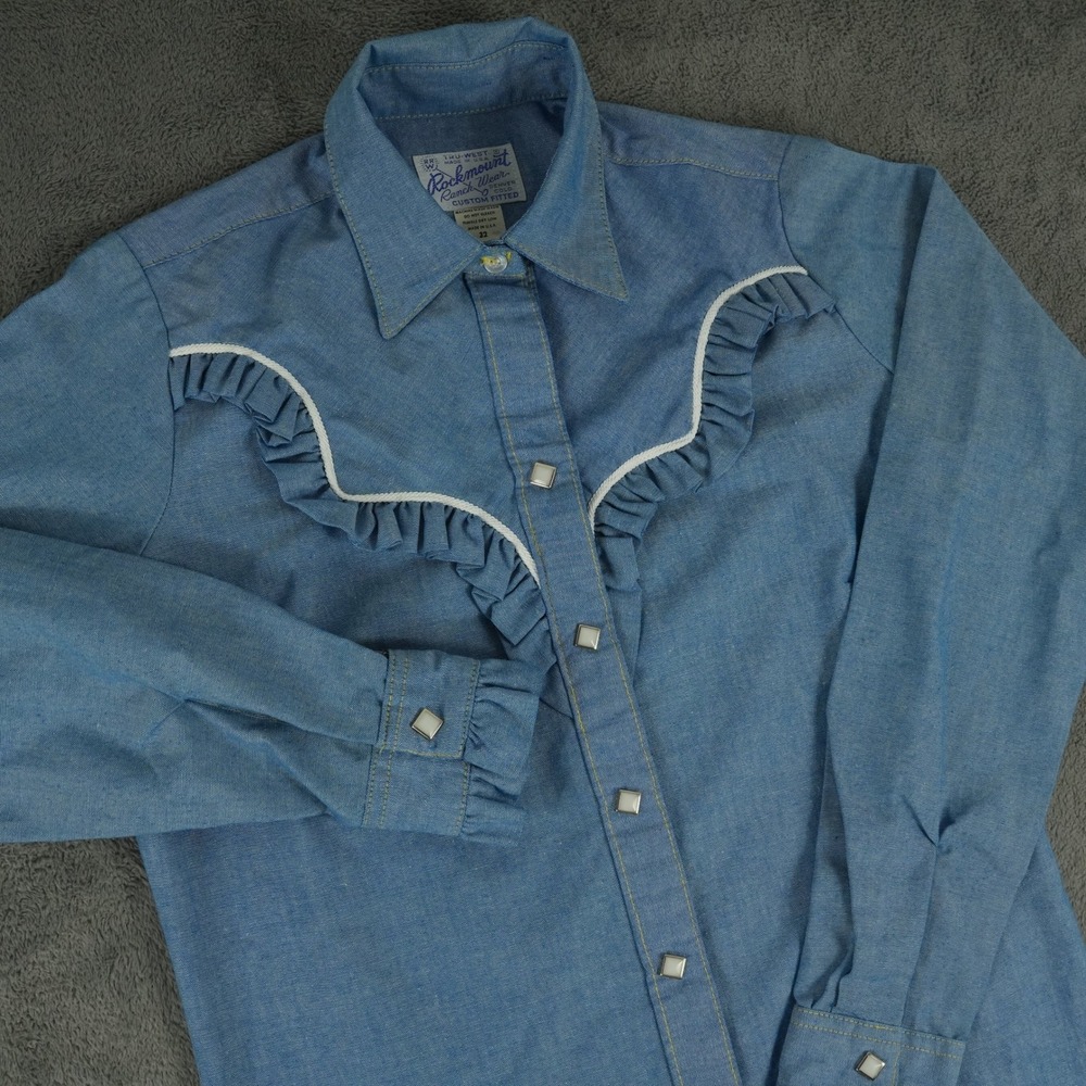 Rockmount Ranch Wear Western Shirt Womens 32 Blue Ruffle Pearl Snap Vintage USA